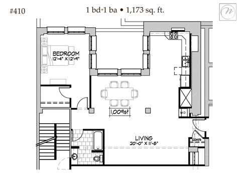 Floor plan for 1 bed, 1 bath